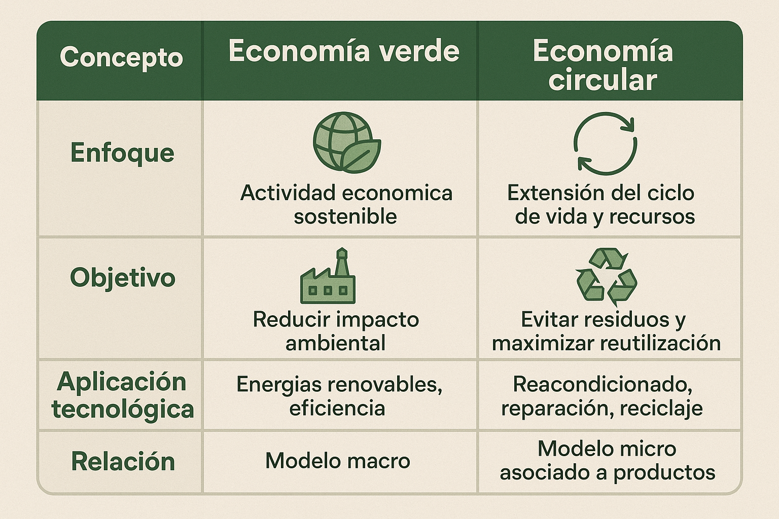 Cuadro comparativo entre economía verde y economía circular. Incluye diferencias en enfoque, objetivos, aplicaciones tecnológicas y relación. La economía verde se centra en actividad económica sostenible y energías renovables. La economía circular busca extender el ciclo de vida de los recursos mediante reparación, reacondicionado y reciclaje.